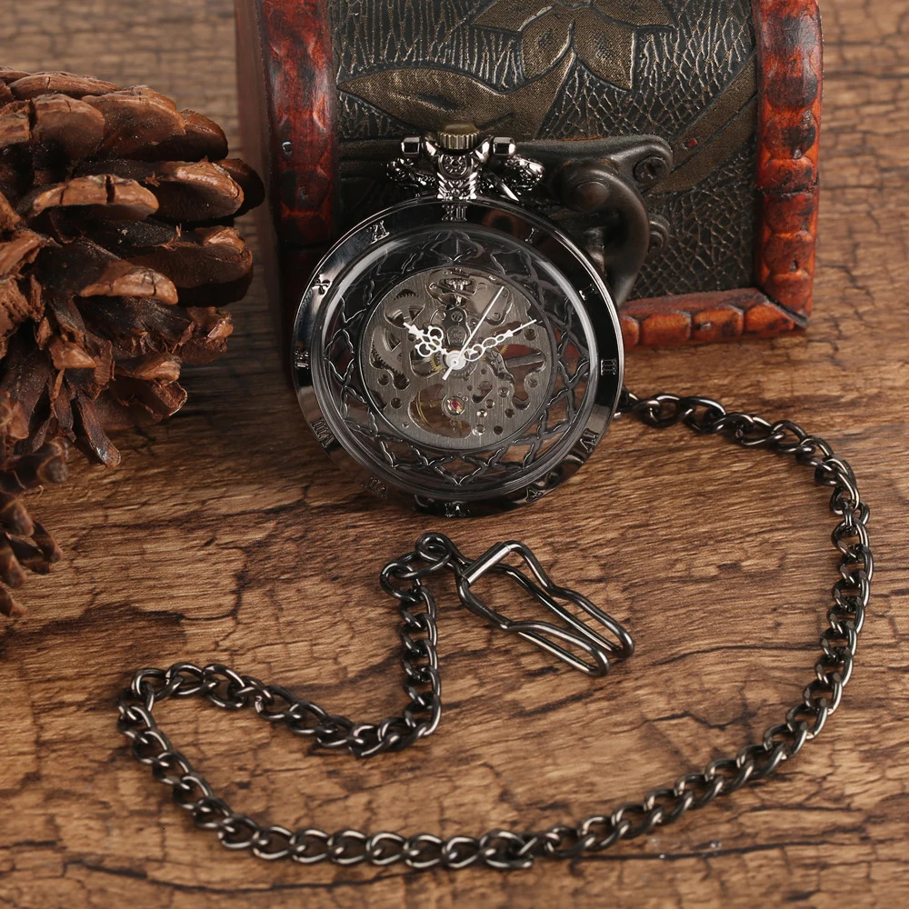 Steampunk Style Glass Transparent Hand Wind Mechanical Pocket Watch with Chain Hollow Men Watches Clock Gifts 250807