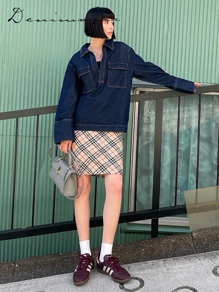 Street Loose Jeans Suits Women Solid Lapel Full Sleeve Pockets Top High Waist Wide Leg Pants 2025 Spring Chic Casual Lady Sets 250804