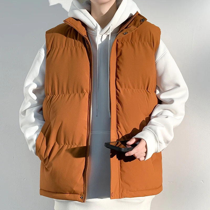 Mens Down Vest Autumn and Winter Solid Color Casual Loose Windproof Outdoor Travel Warm Coat Mens Trend Sleeveless Jacket 250805