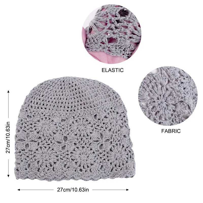 New Women Handmade Crochet Slouchy Beanie Knit Hat Elegant Flower Hollow Out Breathable Skull Cap Elastic Beanies Chemo Cap Z250808