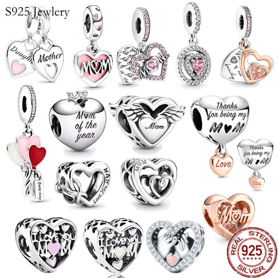 925 Sterling Silver Love You Mom Double Heart Split Dangle Charm Beads Fit S925 Snake Bracelet DIY Women Jewelry Gift