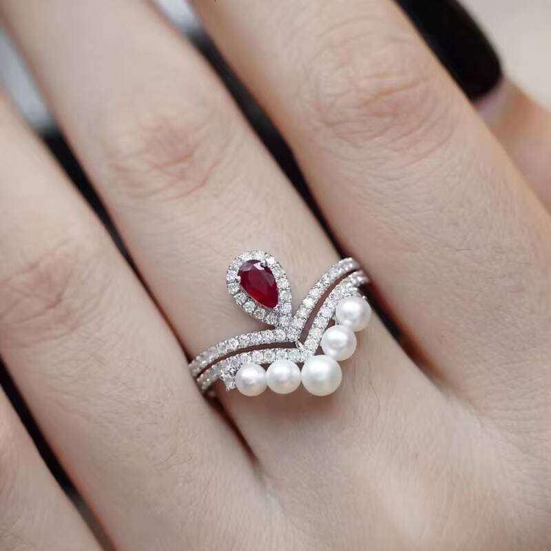 Jewelry Unique Design Natural Pearl Big Red Stone Ruby D Color VVS Moissanite White Gold Rings for Gift