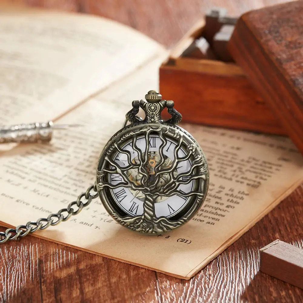 Personalised Fashion Brass Stainless Steel Tree Of Life mechanical Pocket Watch Necklace Men Women Jewelry Pendant Chain 250807