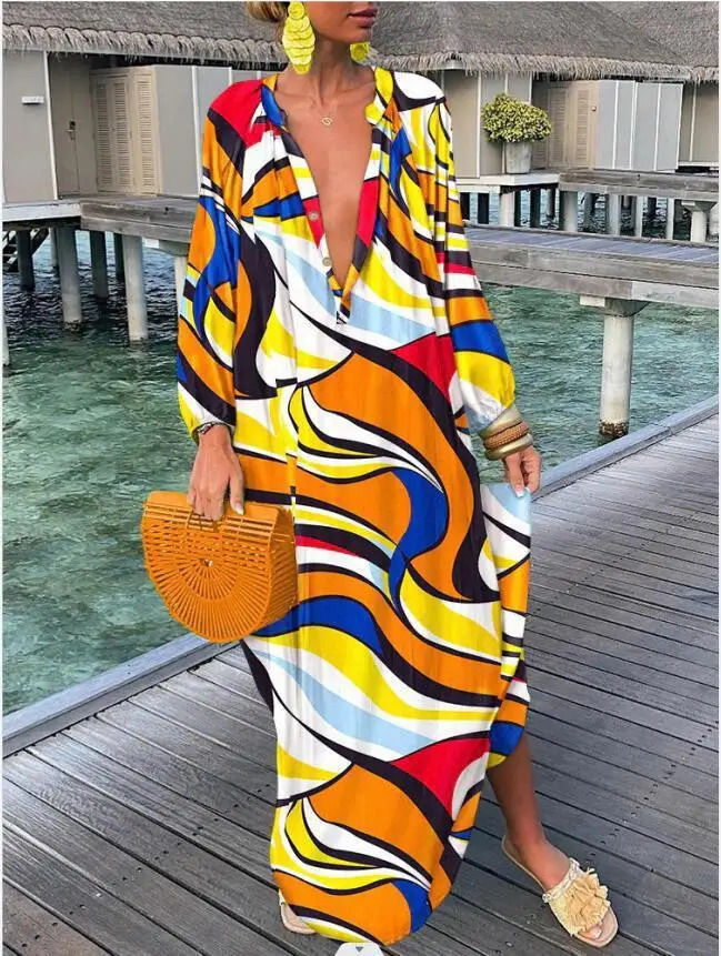 Women Boho Print Loose Beach Dress 2025 Spring Summer Elegant Deep V-Neck Maxi Dress Ladies Sexy Long Sleeve Oversized Dresses 250728