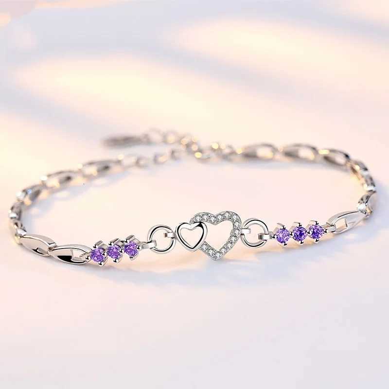 925 Sterling Silver Bracelet Purple Crystal Zircon Heart For Women Charm Bracelet Jewelry Gift Z250807