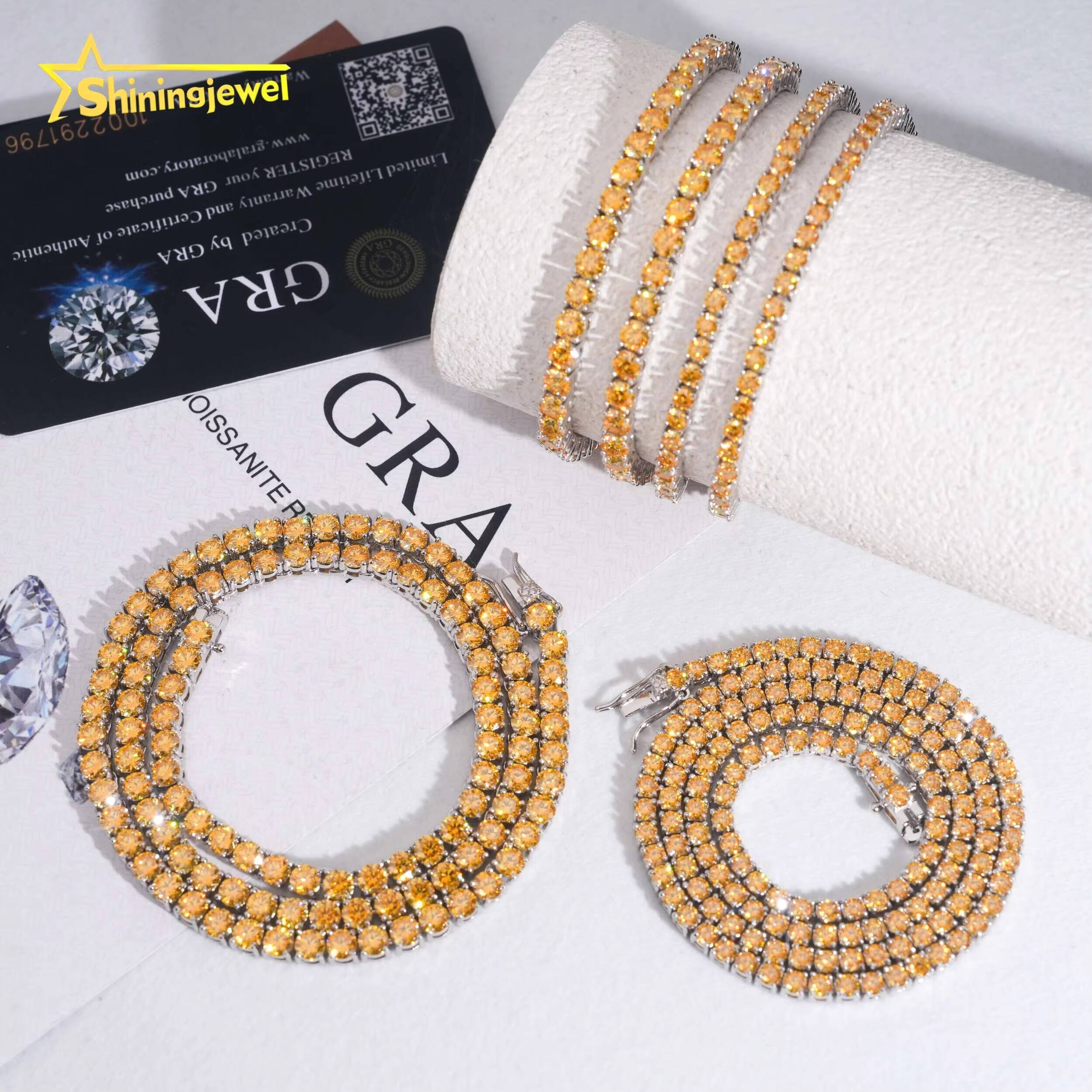 New Arrival 3mm 4mm Yellow Gold Moissanite Diamond Tennis Necklace 925 Silver Fashion Jewelry Hip Hop Tennis Chains Bracelet
