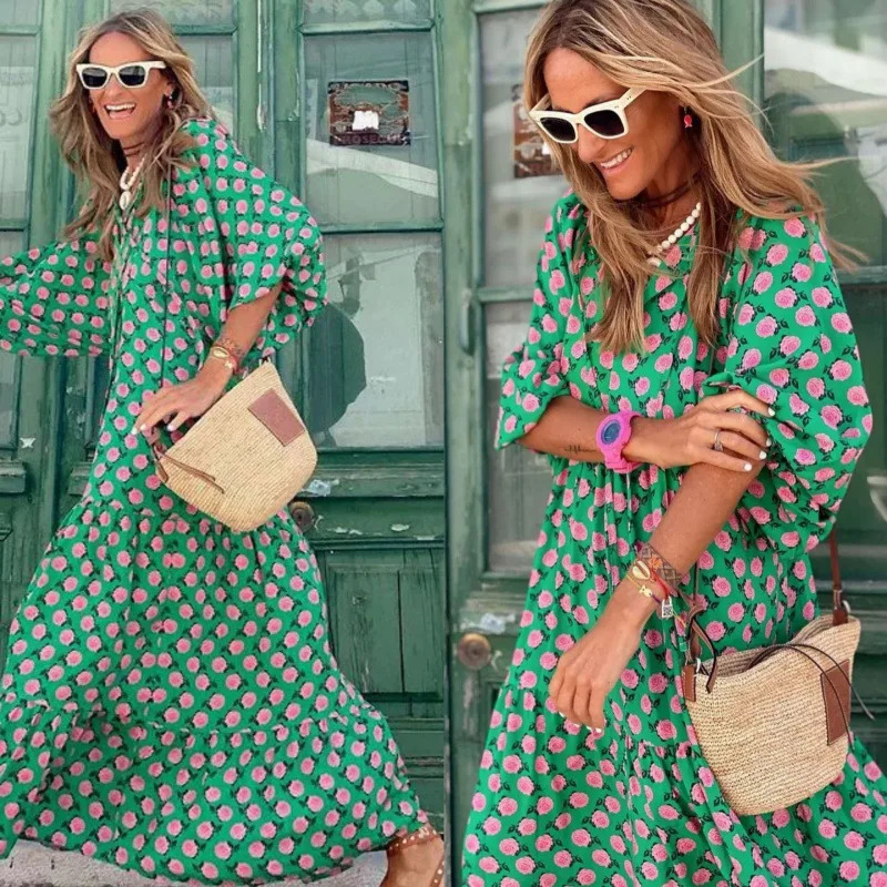 Womens Autumn Long Dress V-neck Geometric Patchwork Puff Sleeves Printed Multi-color Dress Street Bombing Womens Clothing 250728