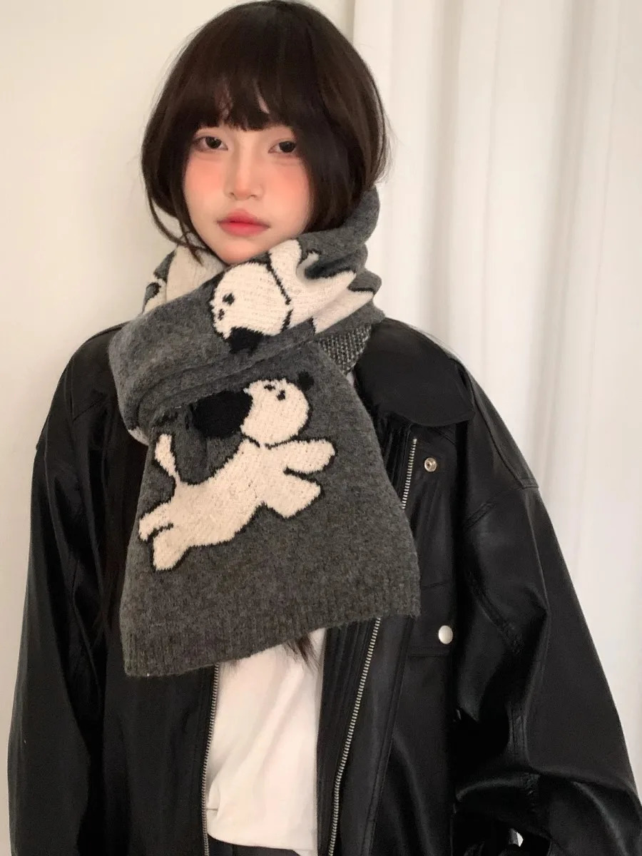 Cute Cartoon Small Dog Wool Blend Knit Scarf For Women Autumn And Winter Korean version Warm Neck Scarf Anti-Cold Gray 250807