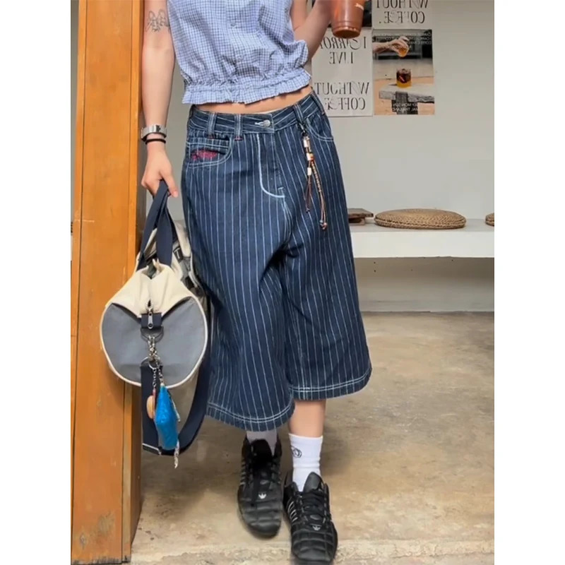 Womens Light Blue Calf Length Cargo Jeans Harajuku Y2k Baggy Denim Trousers Japanese 2000s Oversize Jean Pants Vintage Clothes 250804