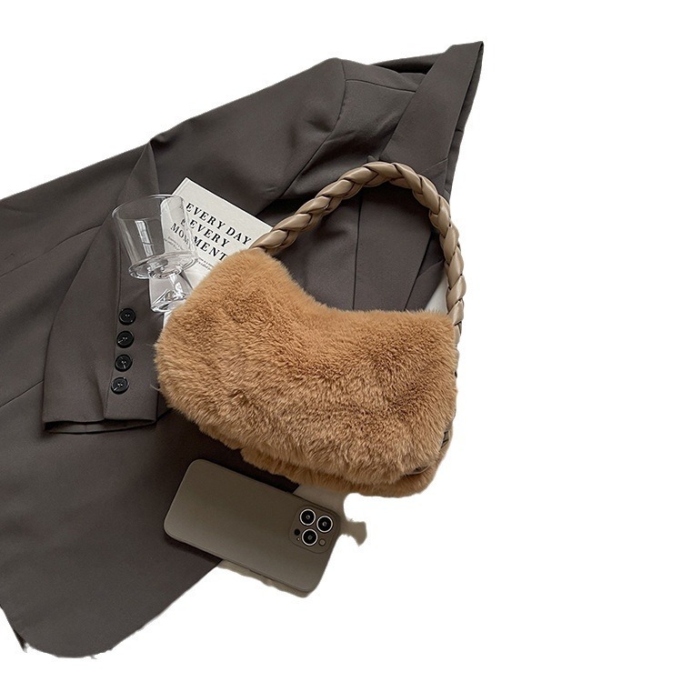 Luxury Brand Designer Bag 2024 Winter New Simple Plush Single Shoulder Bag For Women, Braided Underarm Bag, Handbag, Niche Design Single Shoulder Bag