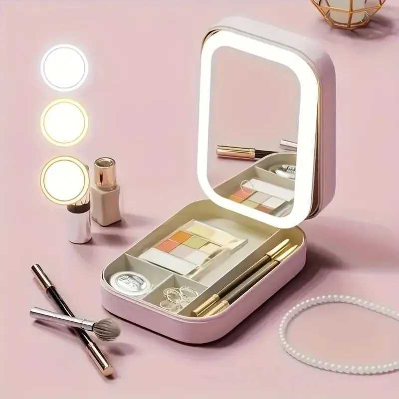 LED Travel Makeup Mirror with USB Charging Foldable Cosmetic Organizer Jewelry Pink Faux Leather Portable Beauty Case for Women Z250807