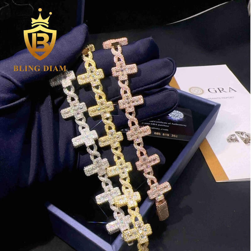 New Custom Hiphop Sterling Sier Cross Design Baguette Moissanite Dia Ice Out Cuban Link Chain Bracelet