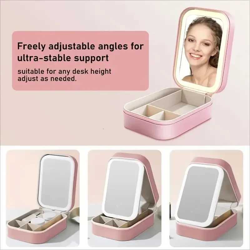 LED Travel Makeup Mirror with USB Charging Foldable Cosmetic Organizer Jewelry Pink Faux Leather Portable Beauty Case for Women Z250807