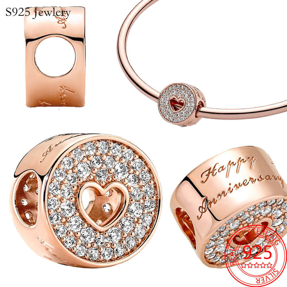 New Popular 925 Sterling Silver Suspension Rose Golden Round Incision Anniversary Charm Classic Bracelet Womens Jewelry Graduation Gift