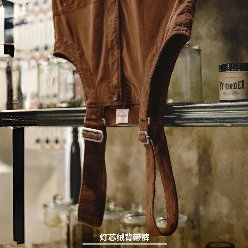 Maden Retro Corduroy Overalls Solid Color Loose with Pocket Adjustable Suspender Jumpsuit for Mens Spring and Autumn Trousers 250804
