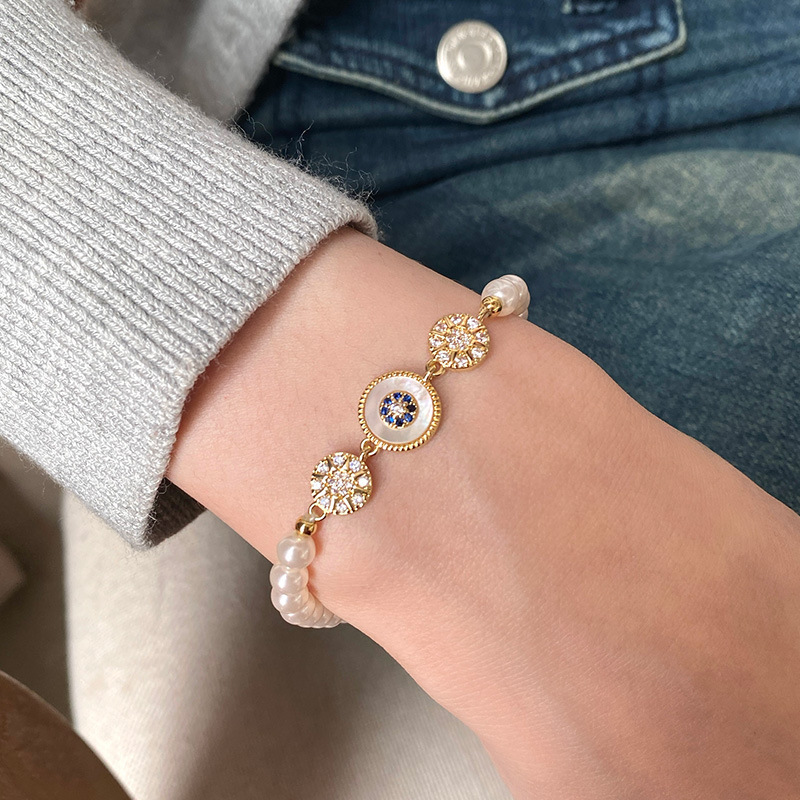Real Gold Plated Zircon Pearl Beaded French Exquisite Bracelet Light High-end Hand Accessories for Women