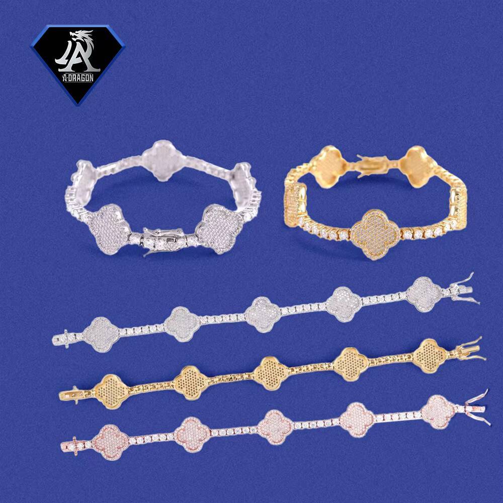 2025 New Arrival S925 Silver Moissanite Clover Tennis Bracelet for Men Passes Diamond Tester with GRA Certificate