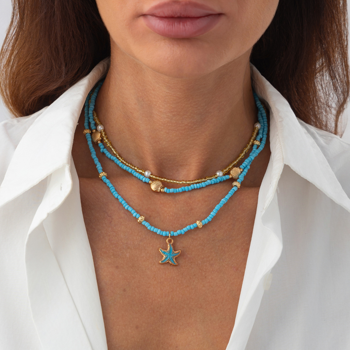 European American Beach Inspired Unique Oil Drip Small Starfish Pendant Necklace Bohemian Beaded Strand Jewelry for Women