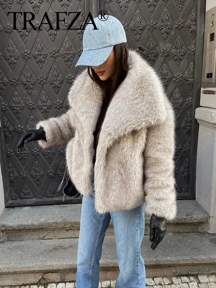 TRAFZA Winter Women Warm Faux Fur Coat Elegant Solid Loose Long Sleeve Thick Jacket Pockets Female Fashion Oversized Outerwear 250806