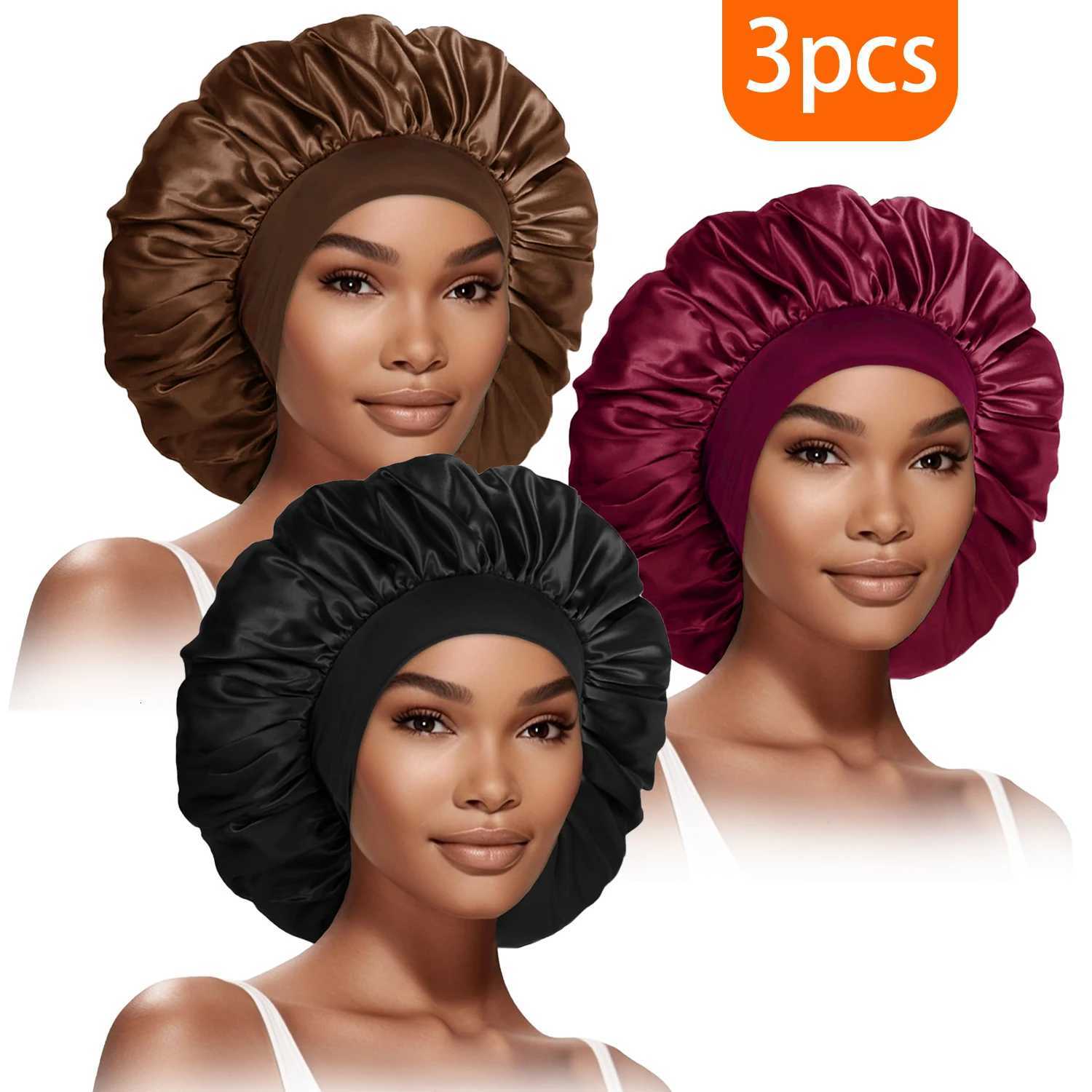 3pcs Womens Fashion Bonnet Large Wide Edge Elastic Hat Casual Sports Silk Smooth Suitable for Curly Straight Hair Sleeping Hat Z250808
