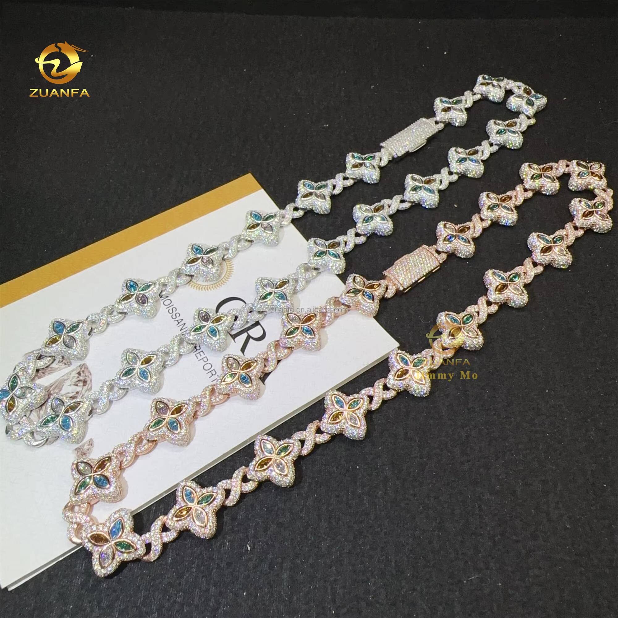 New Luxury Man Rapper Style Jewelry Iced Out Hip Hop VVS1 Fancy Moissanite Diamond Four Flowers Infinity Miami Cuban Link