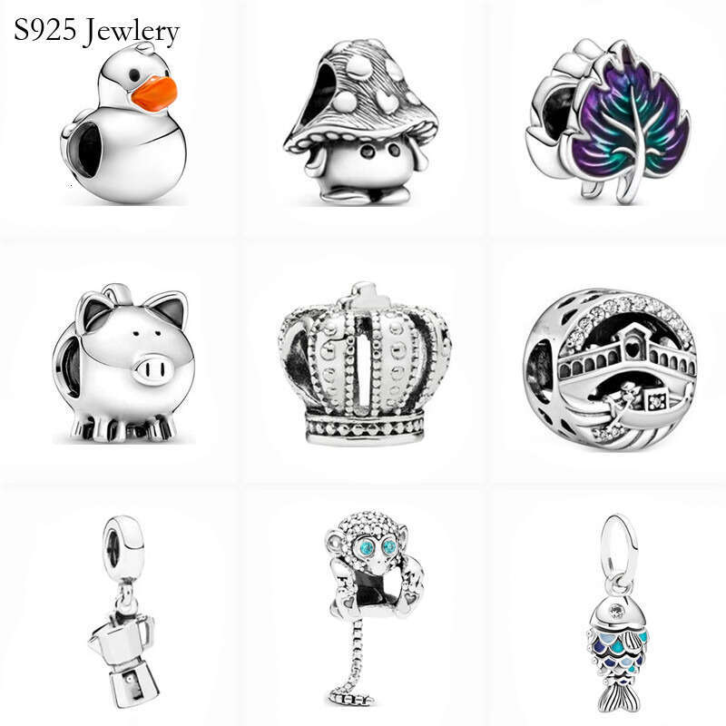 New Popular 925 Sterling Silver European Blue Scale Fish Charm Monkey Crown Leaf Mushroom Beads For S925 Snake Silver Bracelet Women DIY Jewelry