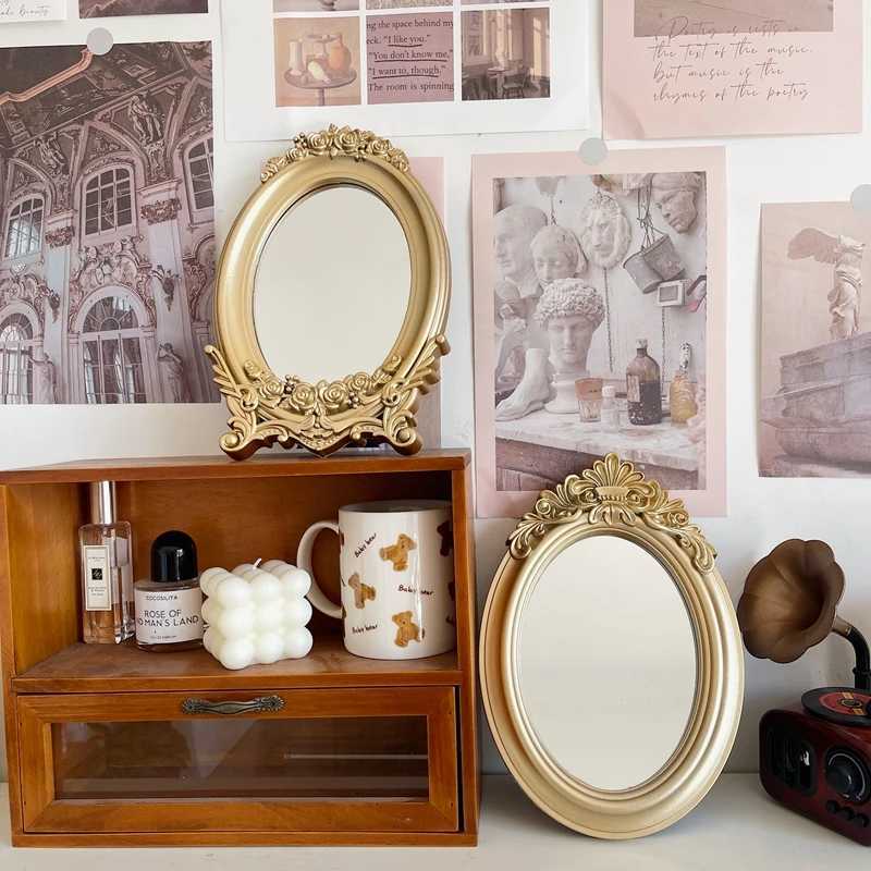 rustic French palace style carved frame table mirror gold mirror tray decorative home mirror bedroom table makeup mirror Z250807