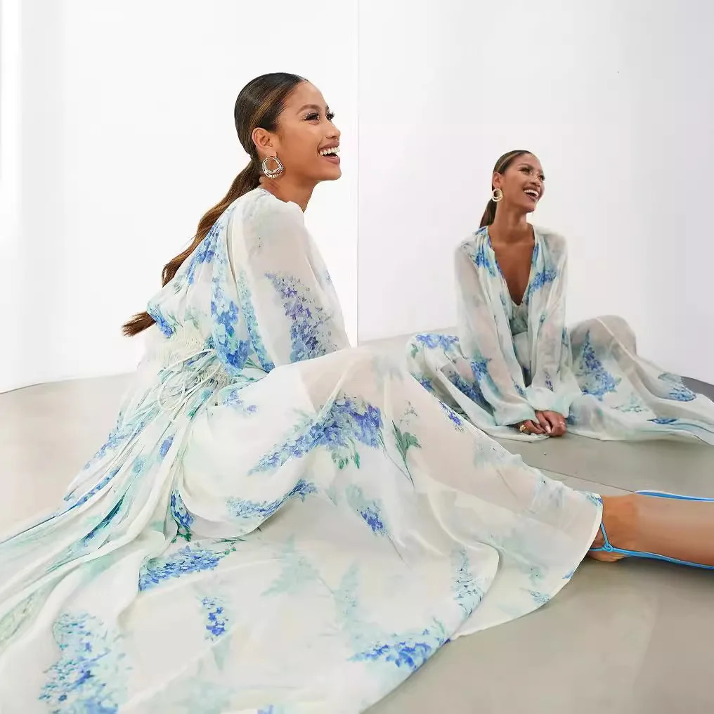 Elegant Print Chiffon Long Dresses Women V-neck High Waist Drawstring Folds See Through Long Sleeve Party Dress Female Vestidos 250728