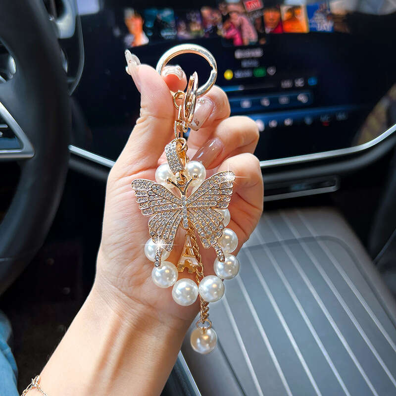 New Pearl String Alloy Butterfly Car Keychain Bag Korean Version Exquisite Decorative Pendant for Women