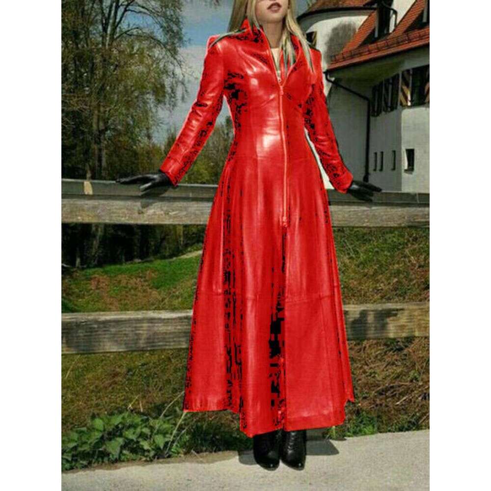 Women's Ultra Long Net Pu Small Stand Collar Leather fur Coat