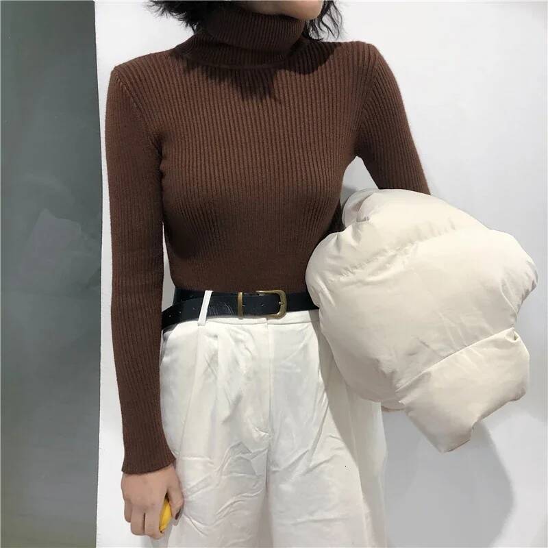 2024 Autumn Winter Thick Women Knitted Ribbed Pullover Sweater Long Sleeve Turtleneck Slim Jumper Soft Warm Pull Femme dongdumaoyi
