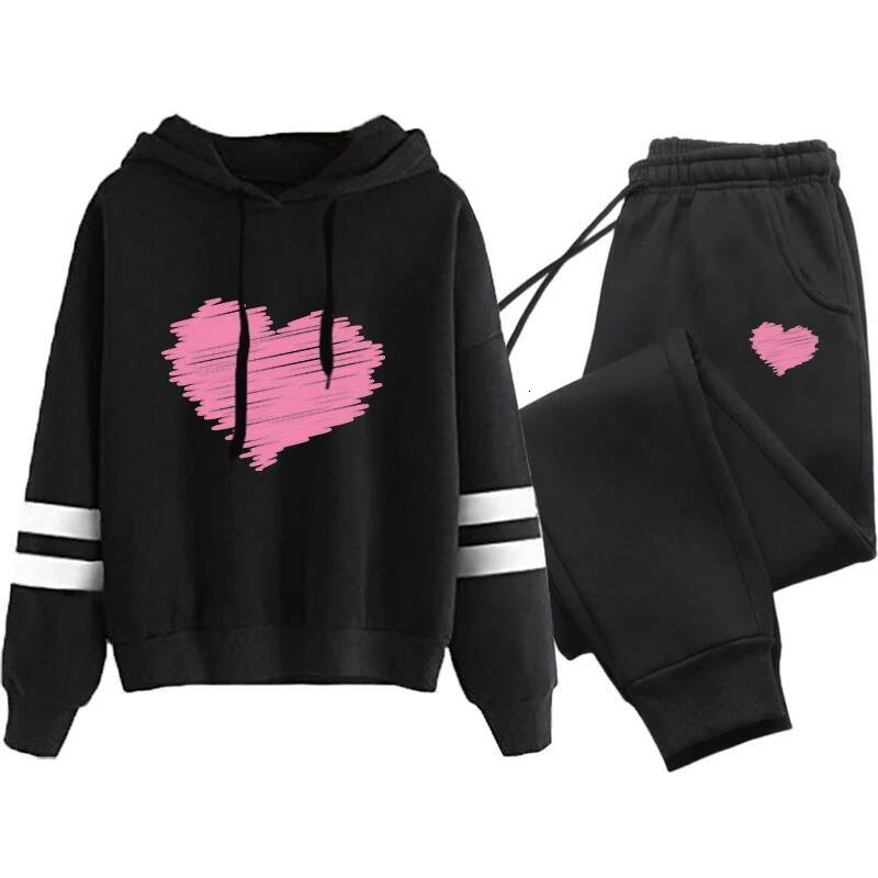 Cute Heart Printed Hoodies Sweatpants Woman Daily Casual Sports Jogging Suit Home Outdoor Comfort Warm Outfit Women's Clothes dongdumaoyi