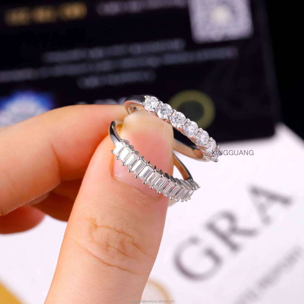 Custom Women Emerald Cut Moissanite Half Eternity Band White Solid Gold for Engagement Wedding Ring Jewelry