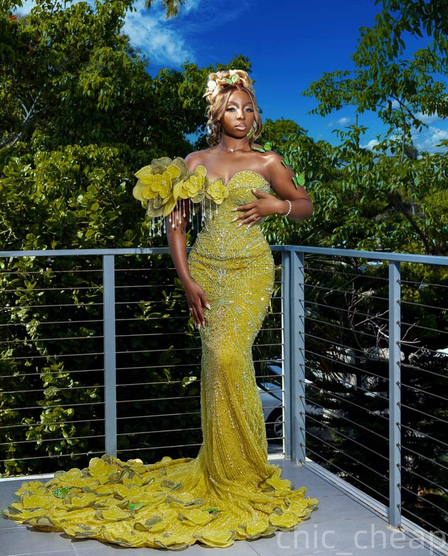 Mermaid Yellow Prom Dresses 2025 Flowers Crystals Sequined Luxurious Evening Formal Party Second Birthday Engagement Gowns Plus Size Dress For Special