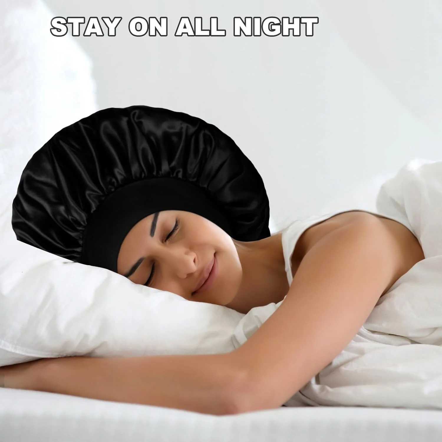 2pcs Womens Fashion Bonnet Large Wide Edge Elastic Hat Casual Silk Smooth Tint Suitable for Curly Straight Hair Sleeping Hat Z250808