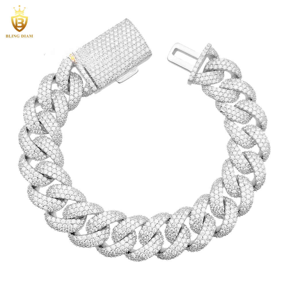 3 Row Iced Out Hip Hop 15mm Cuban Link Chain Bracelet Necklace Sterling Sier VVS Moissanite Pass Dia Tester