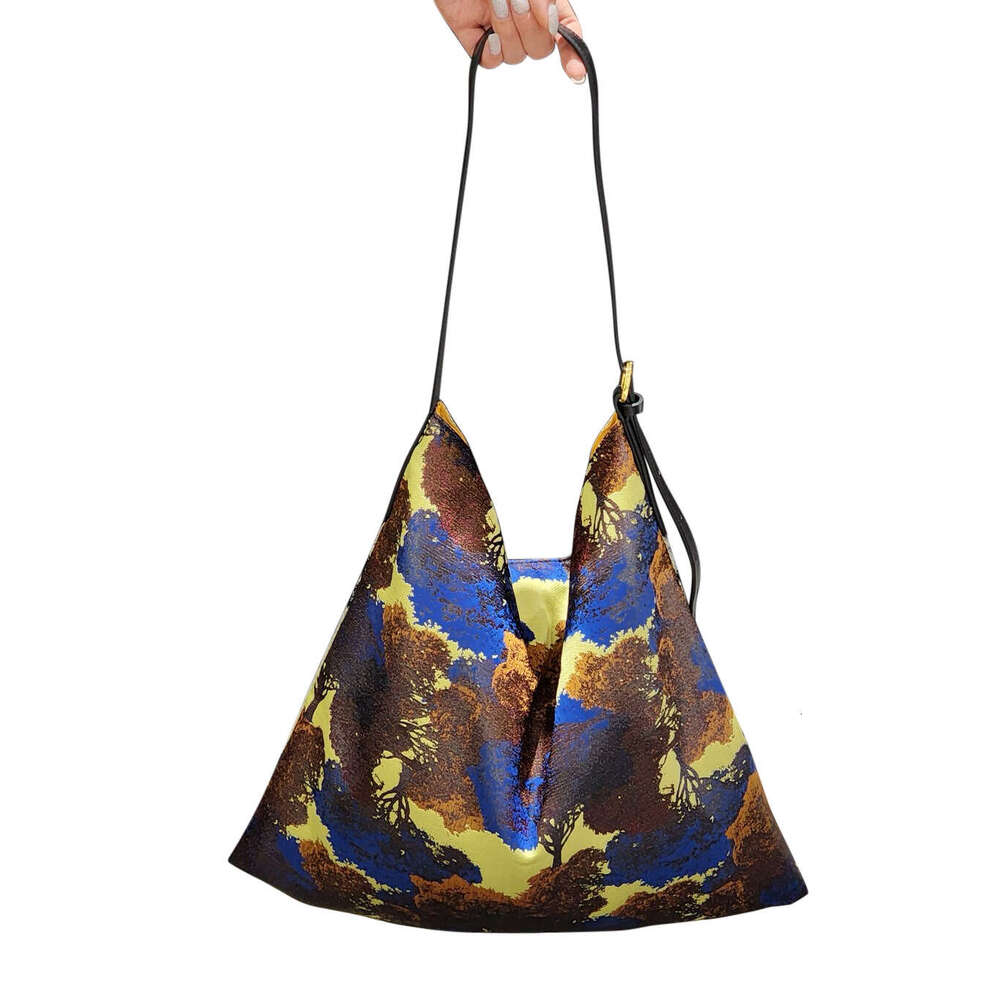 New Denim with Top Layer Cowhide Underarm Large Capacity Printed Fabric National Style Tote Single Shoulder Genuine Leather Bag for Women