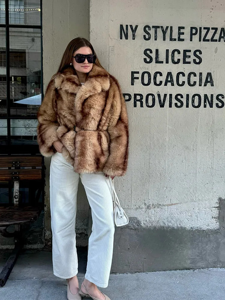 Chic Faux Fur Warm Jacket For Women Vintage Full Sleeve Lapel Coats Lady Autumn Winter Elegant Thicken Female Street Outwear 250806