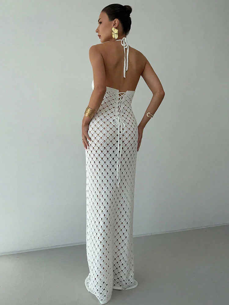 Tossy White Knit Beach Long Dress Women See-Through Lace-Up Backless Hollow Out Loose Sexy Dress Female Knitwear Summer Dress 250804