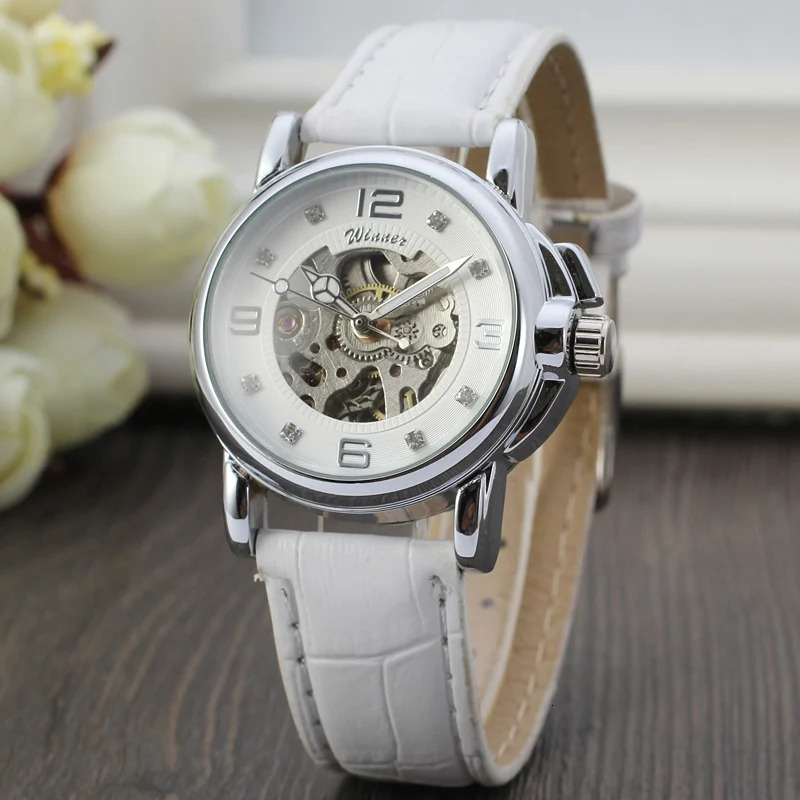 T-WINNER Fashionelegant ladies wrist watch simple style with diamonds leather strap automatic mechanical watch 250807