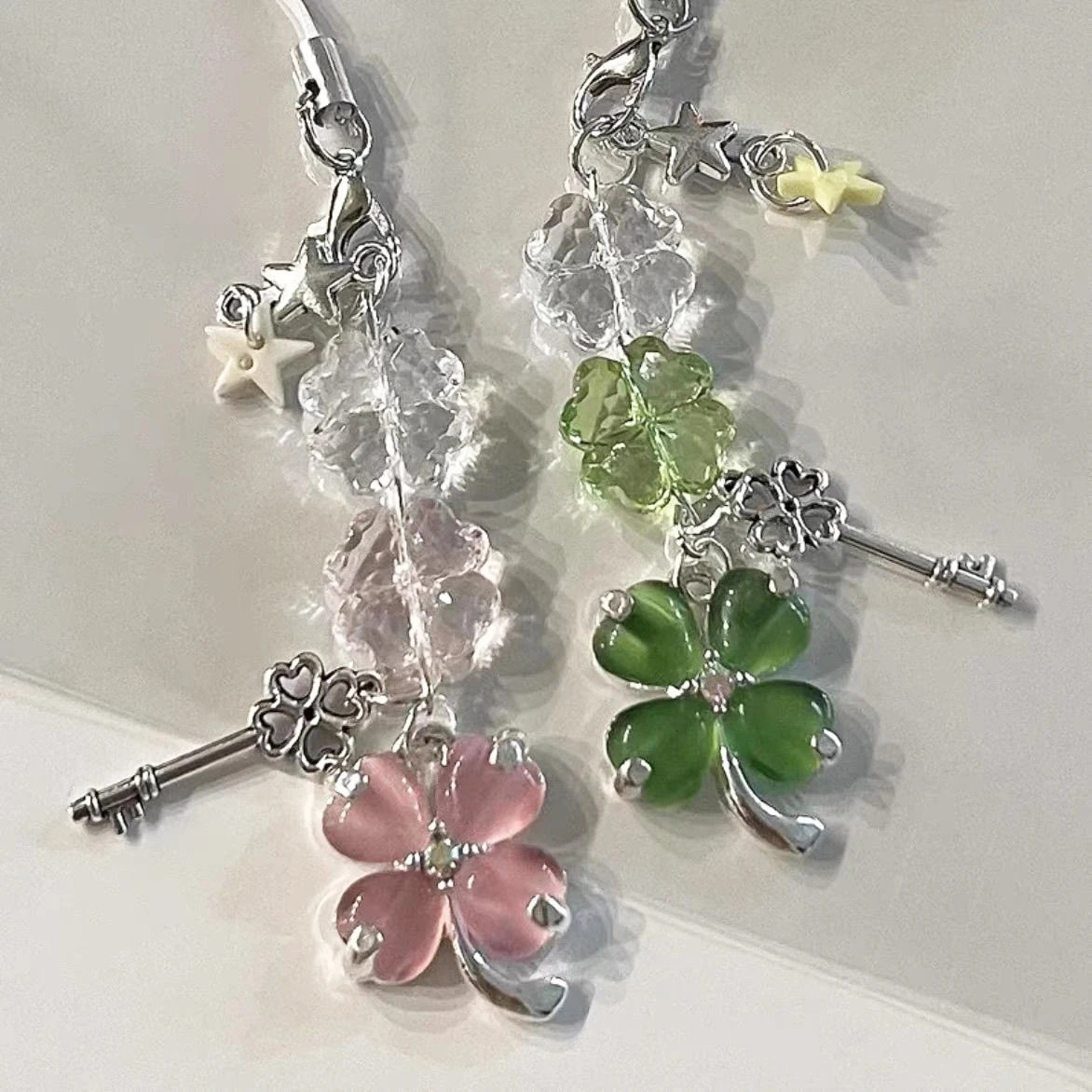 Delicate Pink Green Crystal Lucky Plant Keychain Phone Charms Pendant Cute Key Chain Phone Ornament Schoolbag Camera Hangings 250807