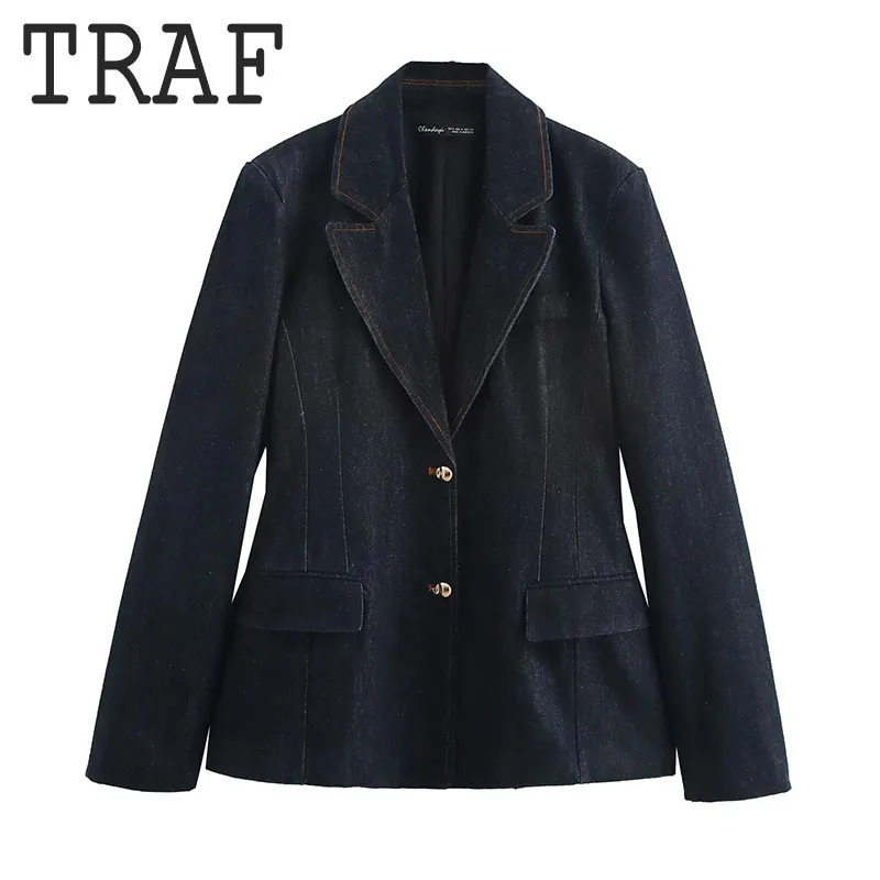 TRAF Elegant Womens Sets Denim Long Pants Set Single Breasted Long Sleeve Woman Denim Blazer Coats Sets For Women 2 Pieces 250728