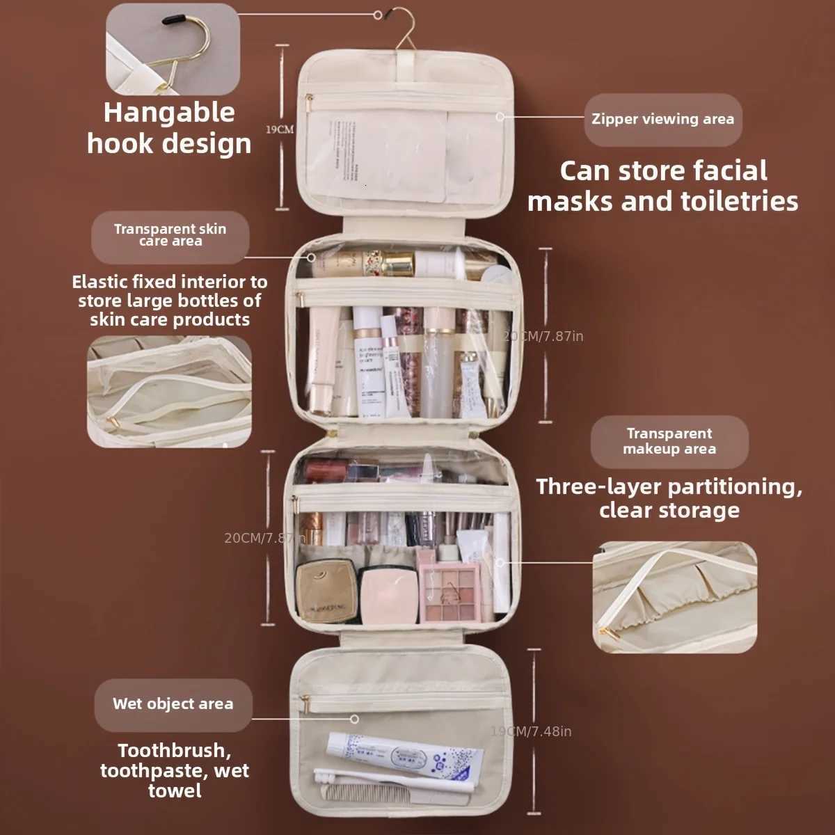 New PU Leather Hanging Cosmetic Bag For Women Portable Storage Makeup Organizer Large Capacity Travel Toiletry Storage Bags Y250808