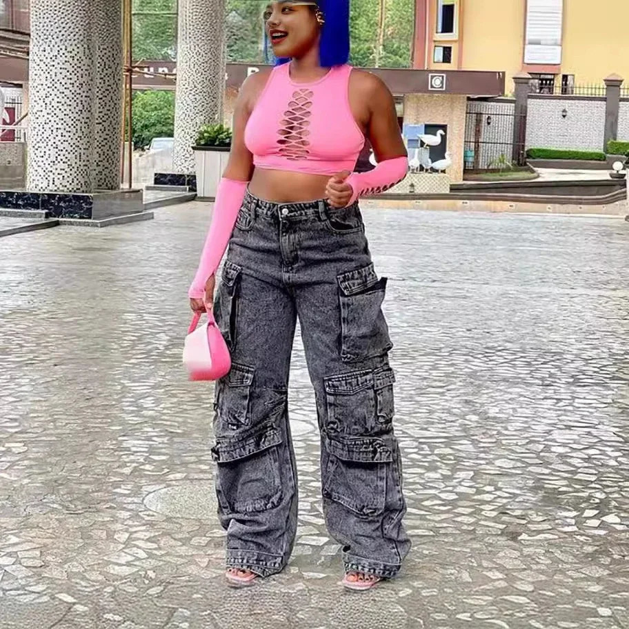 Europe and The United States High-waisted Multi-pocket Long Jeans Womens Spring and Autumn Trend Loose Splice Cargo Jeans 250804