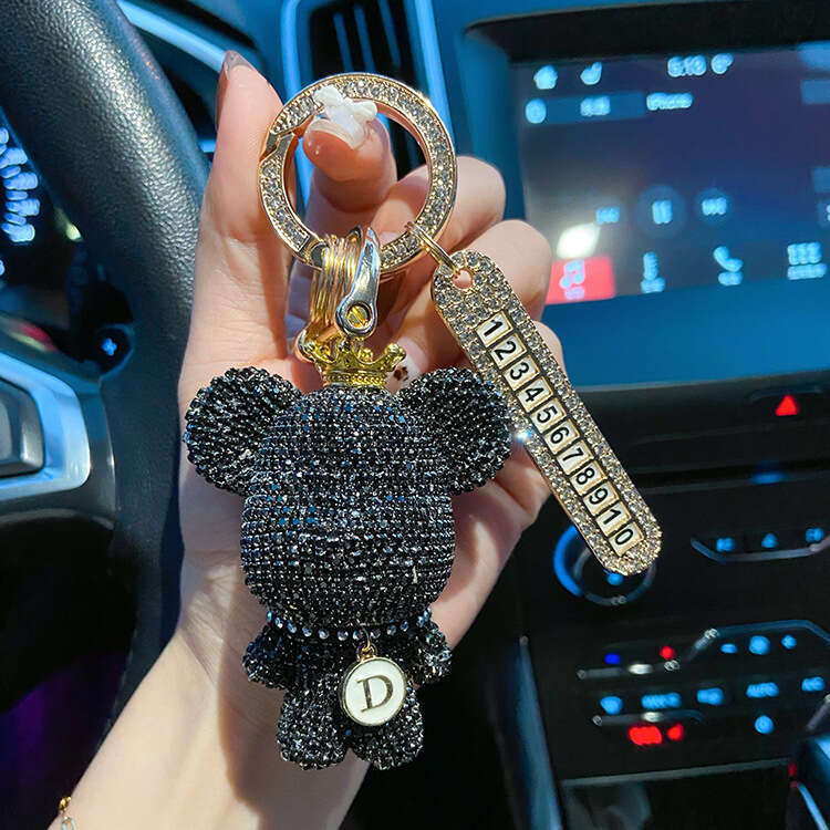 Full Diamond Crown Violent Bear Anti-Lost Number Plate Pendant Unisex Car Keychain Gift