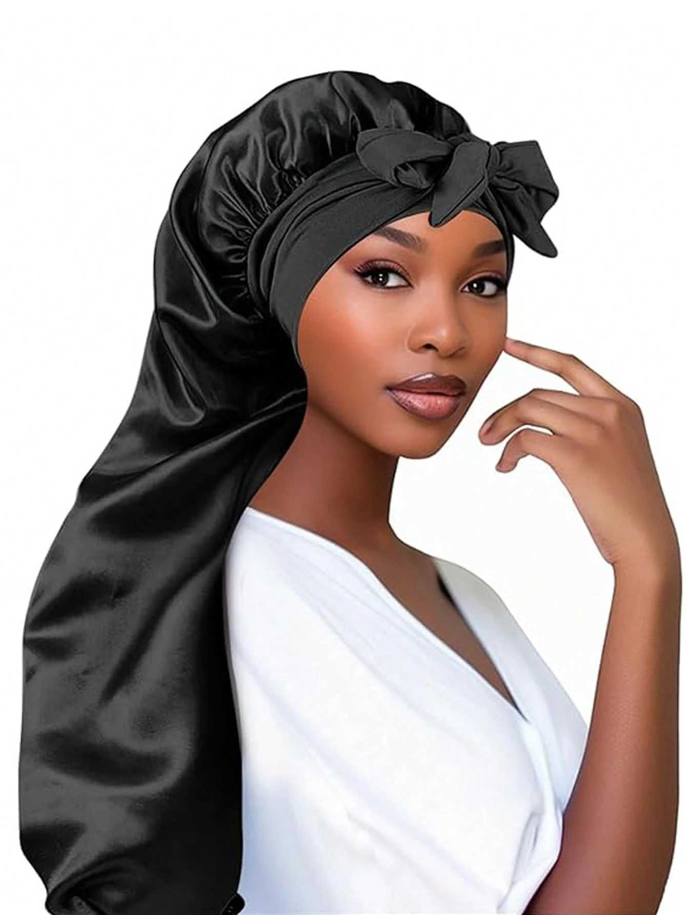 Women Long Oversized Elastic Satin Bonnet Sleeping Cap With Ribbon Breathable Sleeping Cap Turban Sleep Headwear Bandanas Z250808