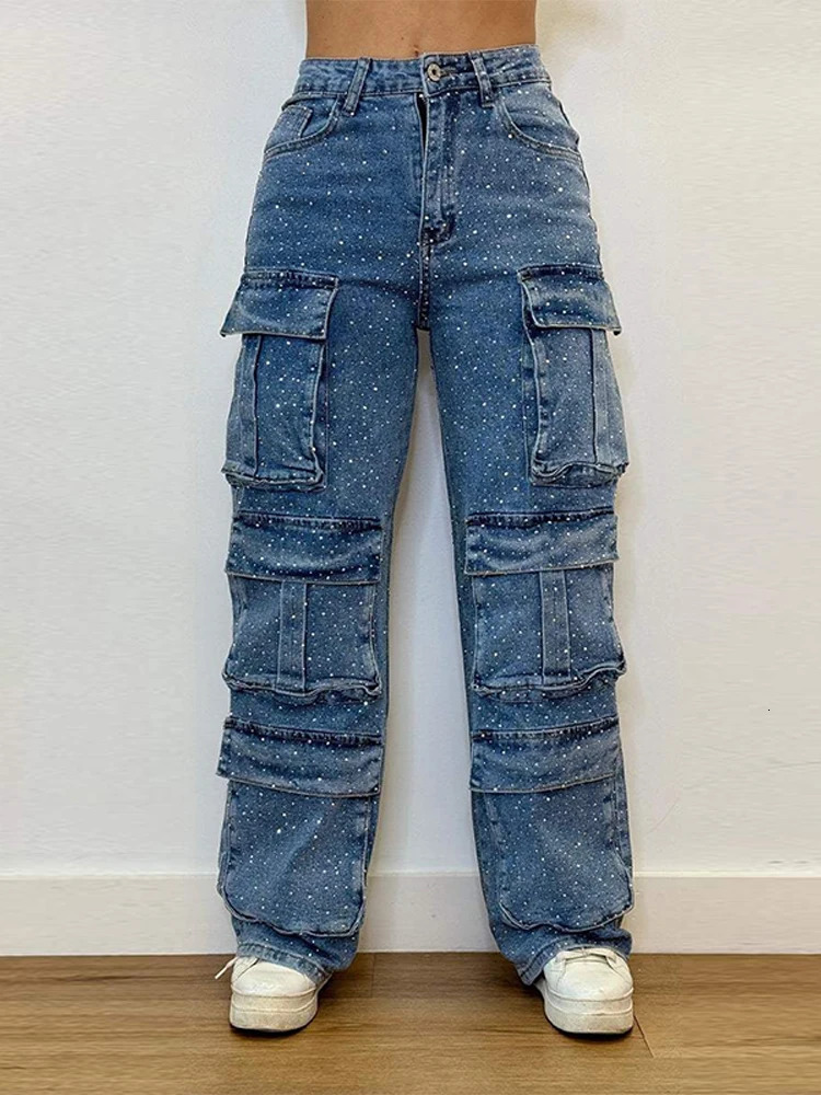 Plus Size Womens High Waist Cargo Denim Jeans With Full Rhinestones Sparkling Casual Baggy Pants Streetwear Chic Daily Trousers 250804