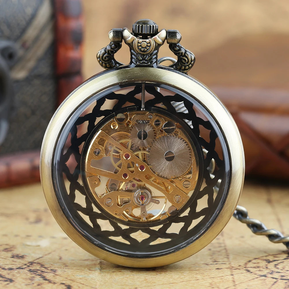 Steampunk Style Glass Transparent Hand Wind Mechanical Pocket Watch with Chain Hollow Men Watches Clock Gifts 250807