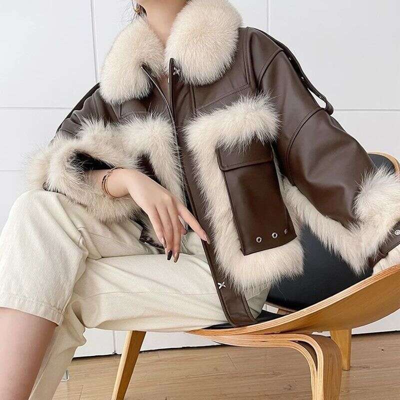 Women's Fox Patchwork Fur Motorcycle Vintage Loose Jacket fur coat