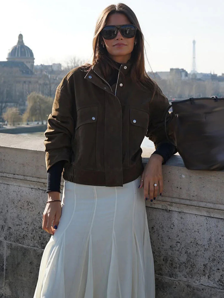 Vintage Womens Suede Bomber Jacket Fashion Lapel Zipper Full Sleeve Female Coats Spring Lady Elegant Casual Streetwear 250805